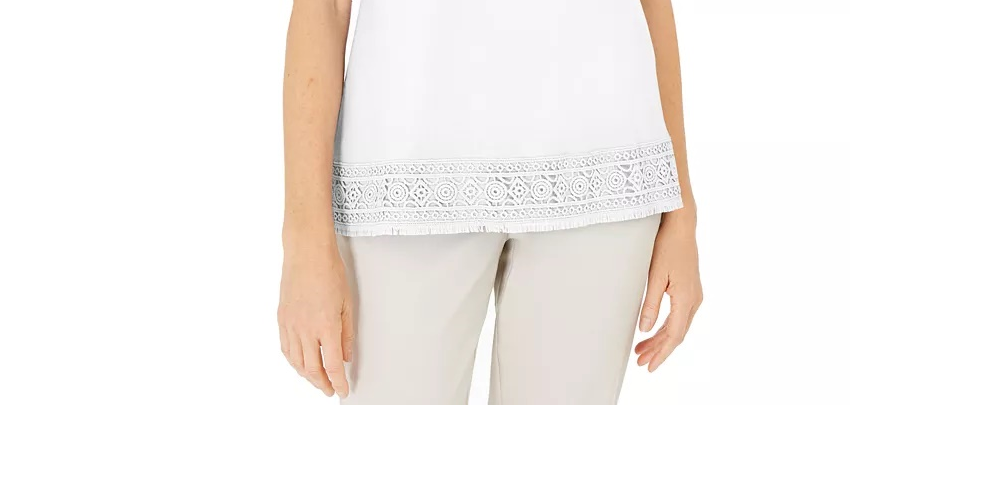 Karen Scott Women's Cotton Crochet Fringed Top  White Size X-Small