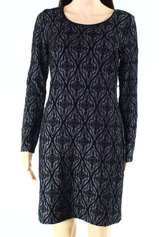 INC International Concepts Women's Faux leather trim Jacquard Sheath Dress Black Size S