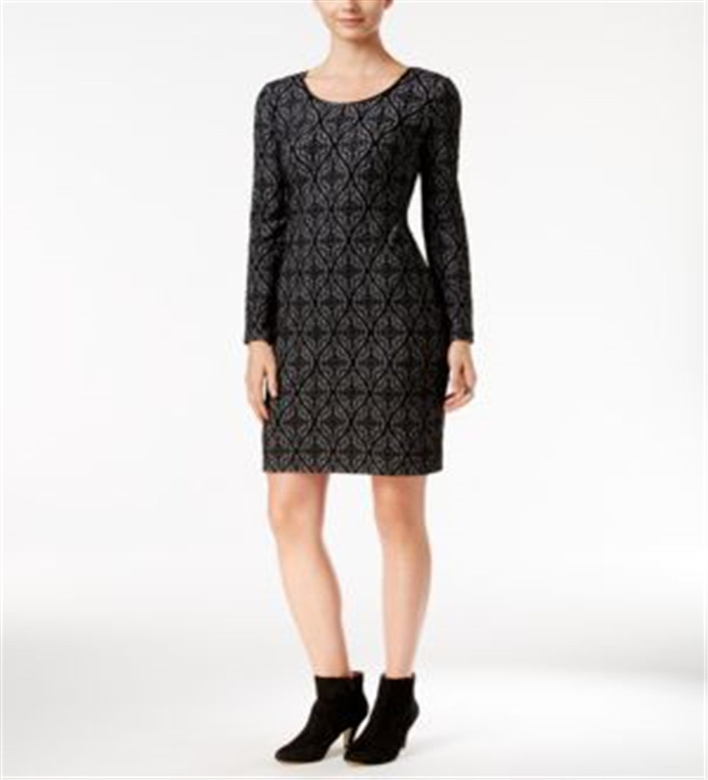 INC International Concepts Women's Faux leather trim Jacquard Sheath Dress Black Size S