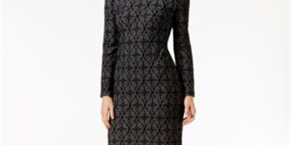 INC International Concepts Women's Faux leather trim Jacquard Sheath Dress Black Size S