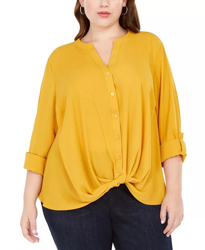 INC  International Concepts Women's Plus Twist Front Shirt Yellow Size 2X