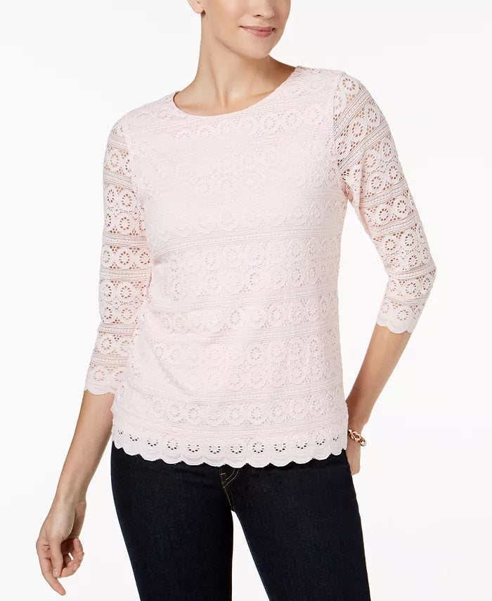 Charter Club Women's 3/4 Sleeve Lace Top White Size X-Small