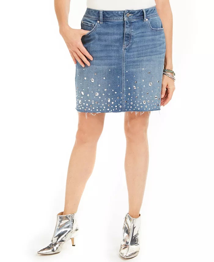 INC  International Concepts Women's Curvy Fit Rhinestone Embellished Denim Skirt  Blue Size 0