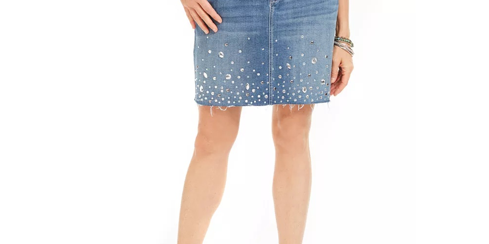 INC  International Concepts Women's Curvy Fit Rhinestone Embellished Denim Skirt  Blue Size 0