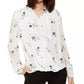 Alfani Women's Pleated  Sleeves Floral Long Sleeve V Neck Top White Size X-Large