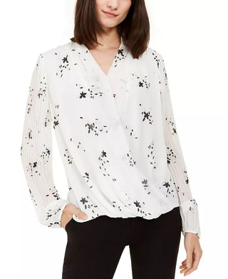 Alfani Women's Pleated  Sleeves Floral Long Sleeve V Neck Top White Size X-Large