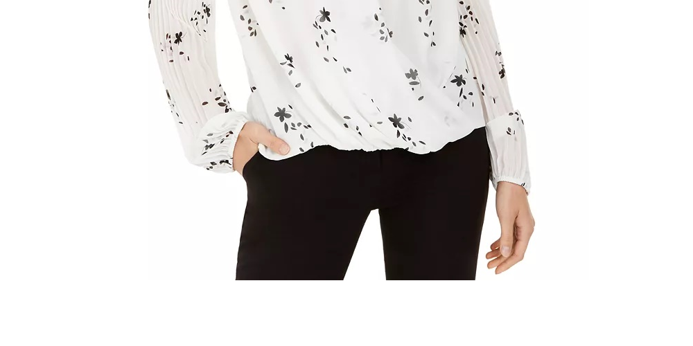 Alfani Women's Pleated  Sleeves Floral Long Sleeve V Neck Top White Size X-Large
