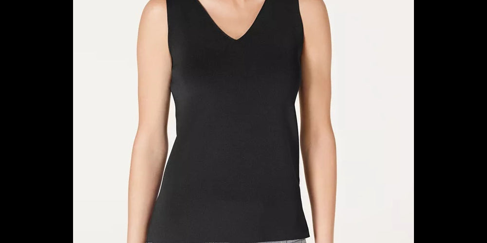 Anne Klein Women's Double V Ribbed Tank Top Black   Size Medium