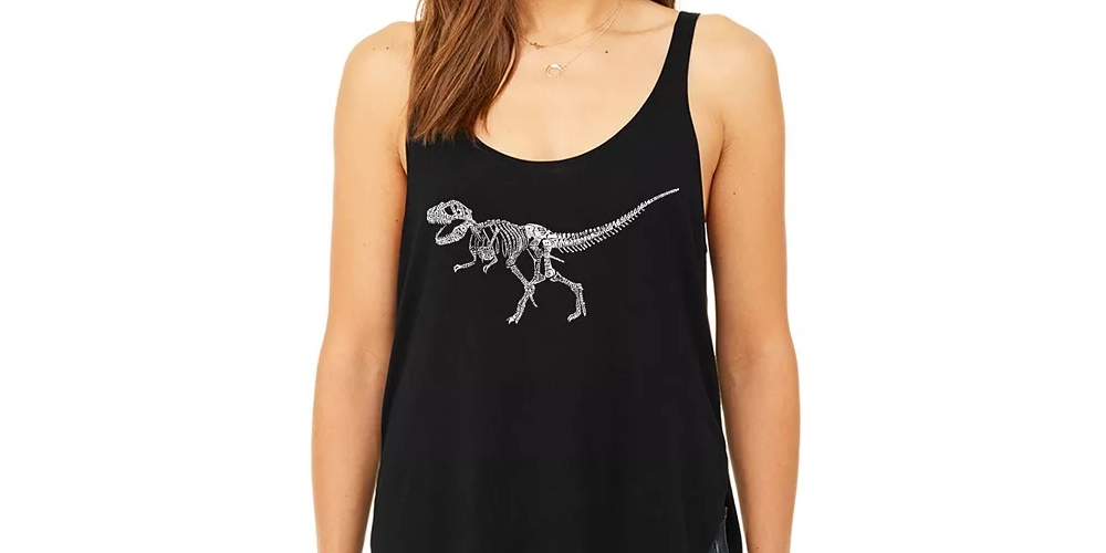 La Pop Art Women's Premium Word Art Flowy Tank Top- Dinosaur T-Rex Skeleton Black Size XX-Large