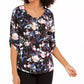 NY Collection Women's Printed Roll Tab Sleeve Peasant Top Black Size Petite Medium