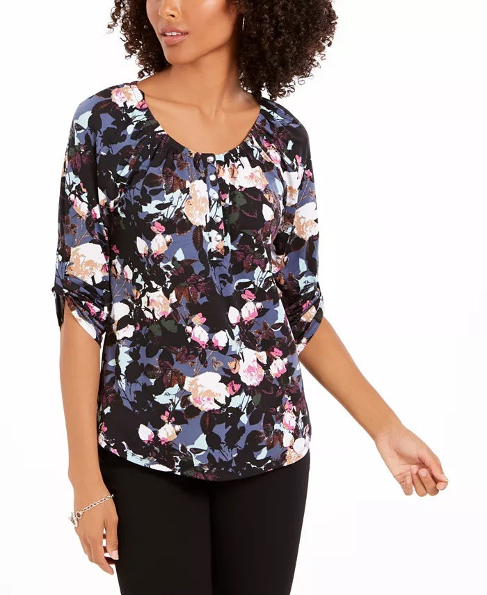 NY Collection Women's Printed Roll Tab Sleeve Peasant Top Black Size Petite Medium