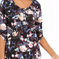 NY Collection Women's Printed Roll Tab Sleeve Peasant Top Black Size Petite Medium