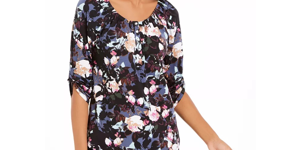 NY Collection Women's Printed Roll Tab Sleeve Peasant Top Black Size Petite Medium