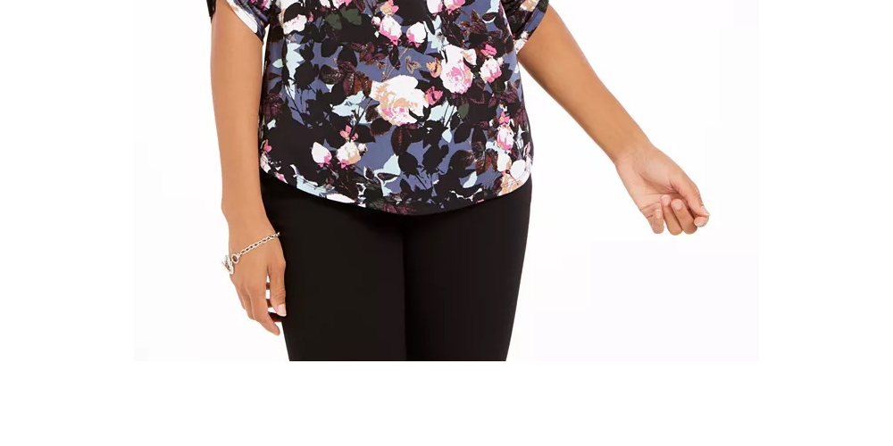 NY Collection Women's Printed Roll Tab Sleeve Peasant Top Black Size Petite Medium