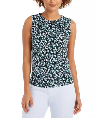 Calvin Klein Women's Floral Print Pleat Neck Top Black/Purple Size X-Large