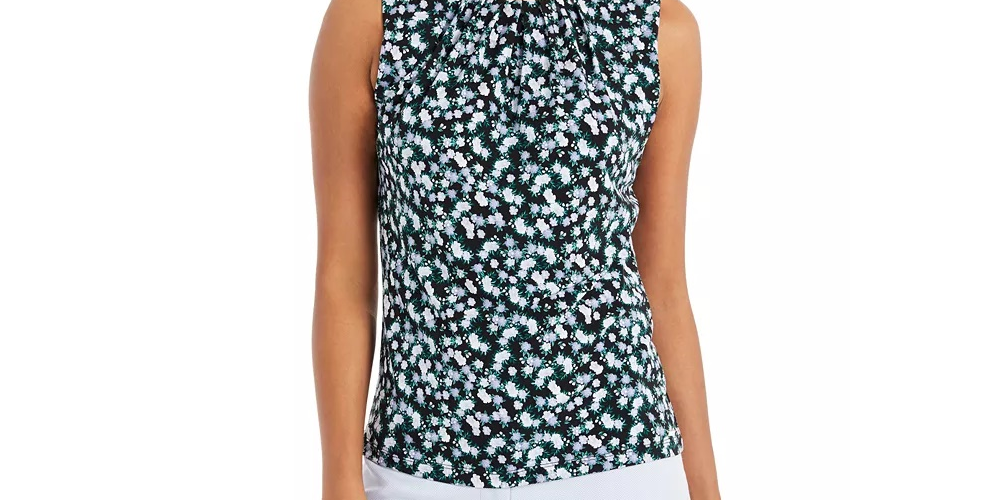 Calvin Klein Women's Floral Print Pleat Neck Top Black/Purple Size X-Large