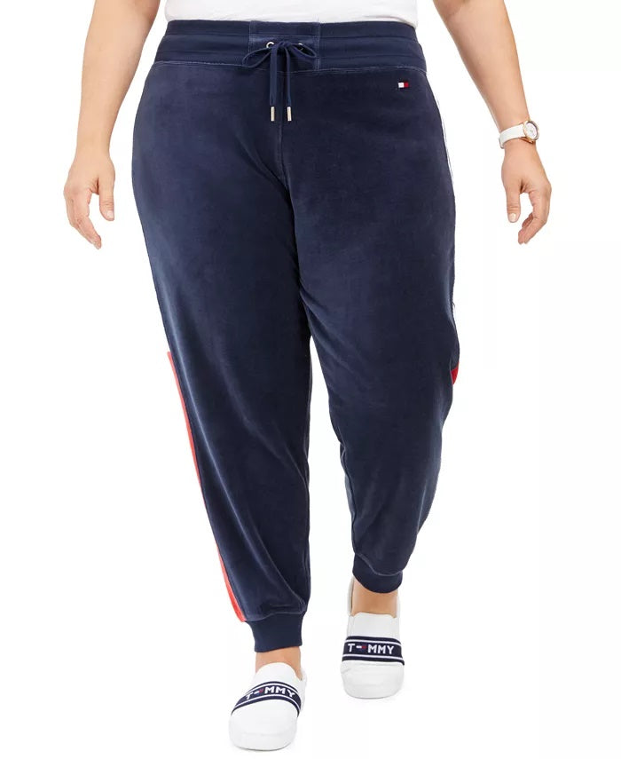 Tommy Hilfiger Women's Sport Plus Velour Varsity Panel Jogger Pants Black Size 2X
