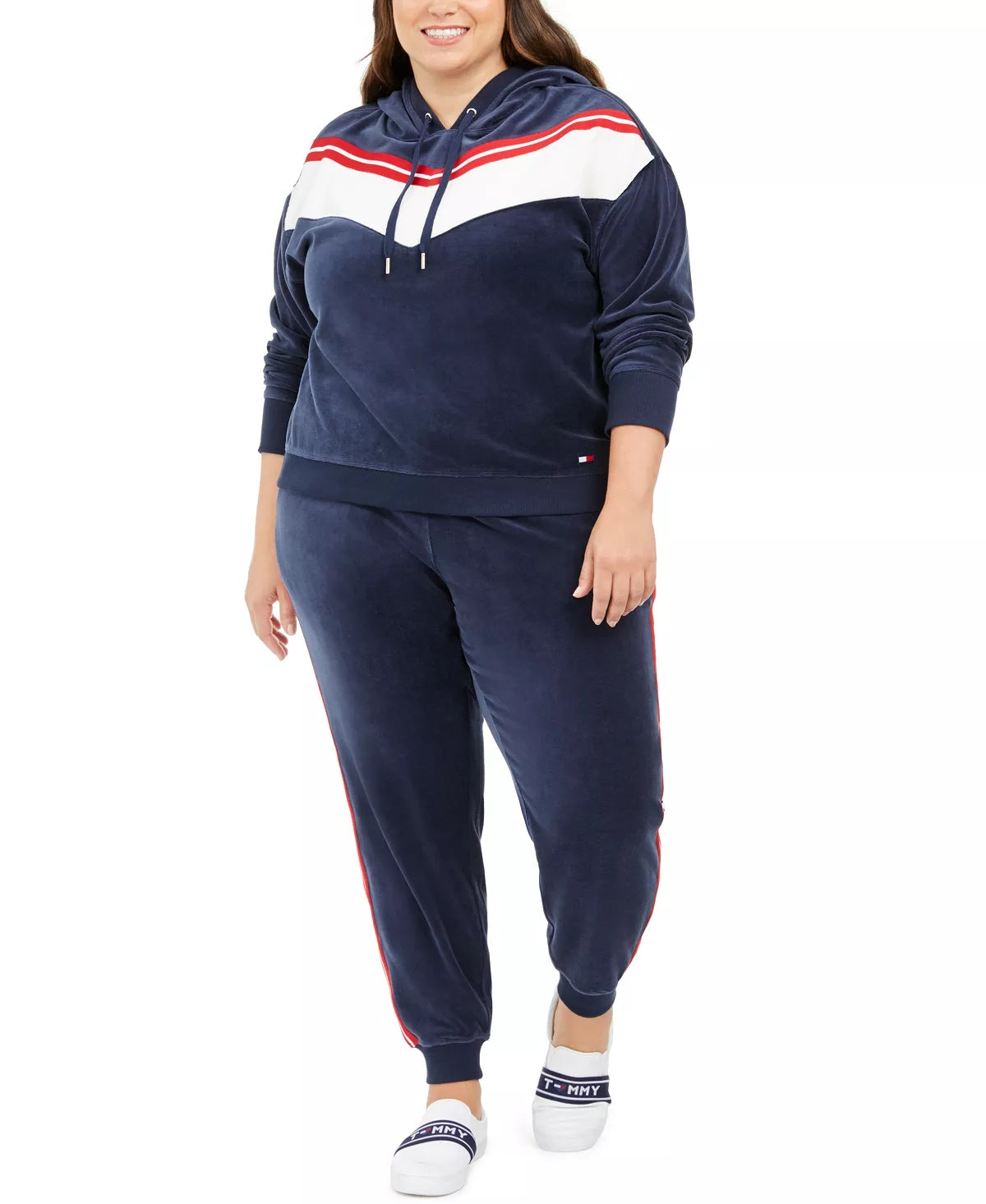 Tommy Hilfiger Women's Sport Plus Velour Varsity Panel Jogger Pants Black Size 2X