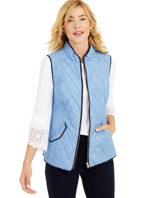 Charter Club Women's Petite Zip-Front Quilted Cotton Vest Blue Size Small
