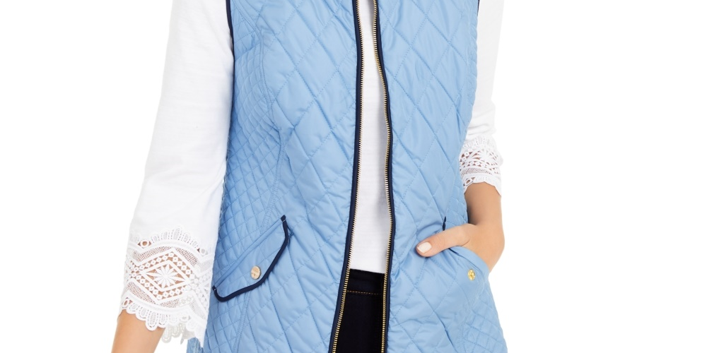 Charter Club Women's Petite Zip-Front Quilted Cotton Vest Blue Size Small
