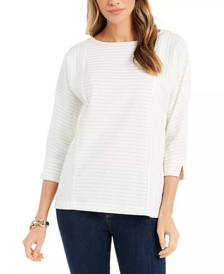 Charter Club Women's Striped Back-Button Top White Size X-Large