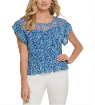 DKNY Women's Short Sleeve Printed Top with Ruffle Sleeves Blue  Size Large
