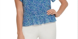DKNY Women's Short Sleeve Printed Top with Ruffle Sleeves Blue  Size Large