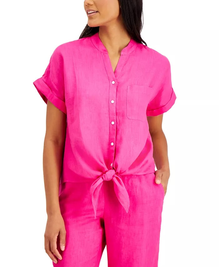 Charter Club Women's Linen Tie-Front Button-Up Shirt Red Size X-Small