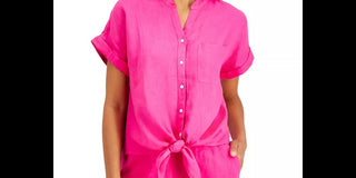 Charter Club Women's Linen Tie-Front Button-Up Shirt Red Size X-Small