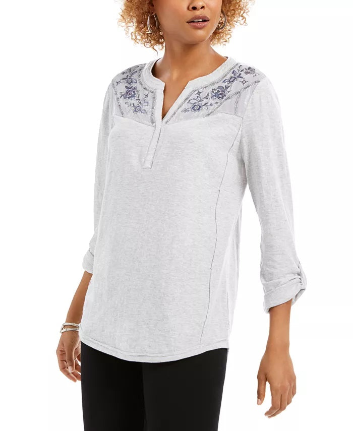 Style & Co Women's Embroidered-Yoke Roll-Tab Sleeve Top Grey Size X-Small