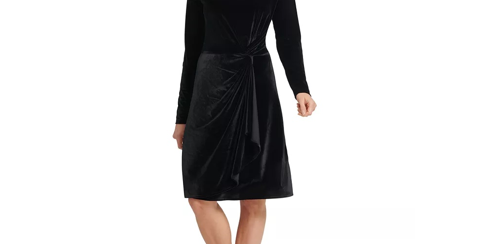 DKNY Women's Long Sleeve Jewel Neck Knee Length Sheath Dress Black Size Large