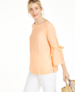 Charter Club Women's Linen Bell-Sleeve Top  Orange Size Small
