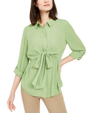 Alfani Women's Tie-Waist Roll-Tab-Sleeve Top Green Size Large