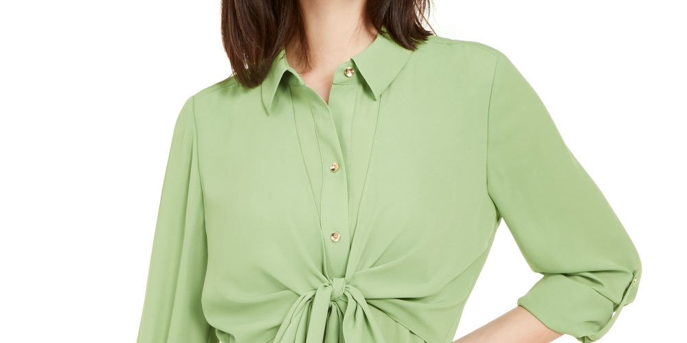 Alfani Women's Tie-Waist Roll-Tab-Sleeve Top Green Size Large