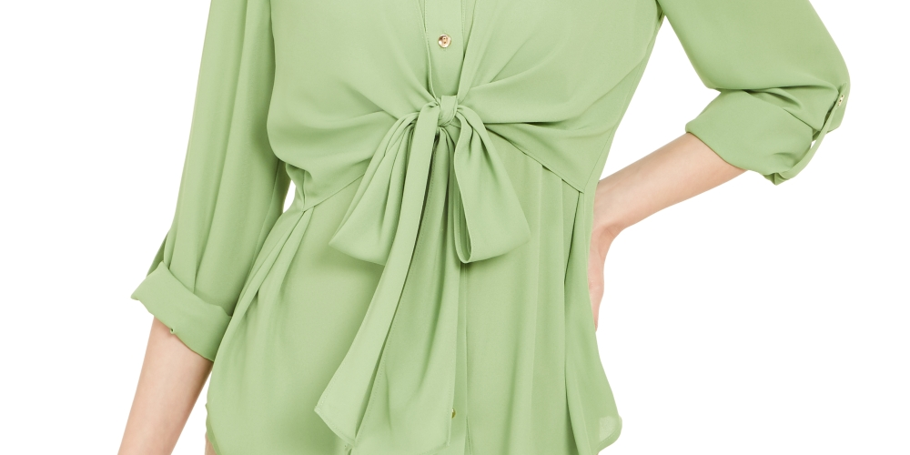 Alfani Women's Tie-Waist Roll-Tab-Sleeve Top Green Size Large