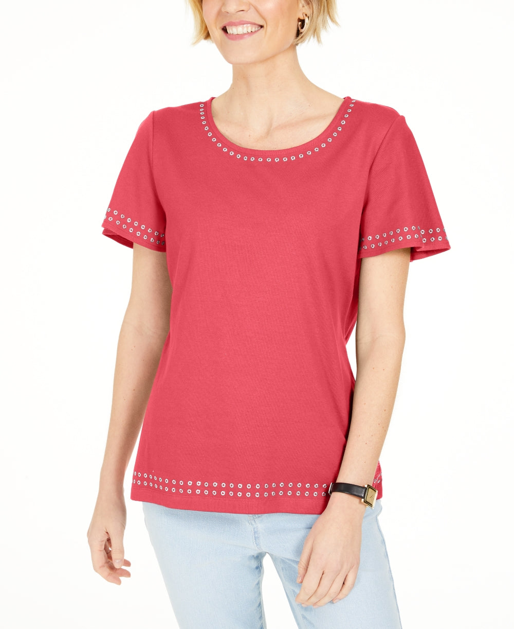 Karen Scott Women's Grommet-Trim Cotton Top Orange Size Large