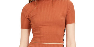 Bar III Women's Buttoned Rib-Knit Top Brown Size Small