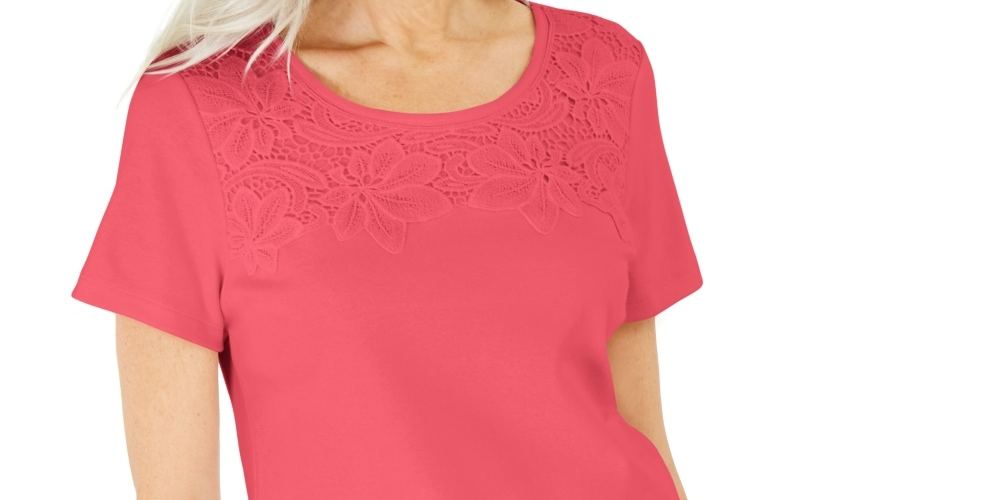 Karen Scott Women's Cotton Crochet-Front Top  Orange Size Small