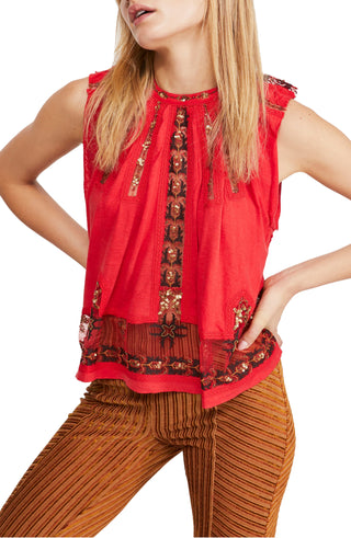 Free People Women's Sequined Printed Sleeveless Crew Neck Top Red Size X-Small