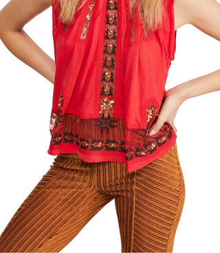 Free People Women's Sequined Printed Sleeveless Crew Neck Top Red Size X-Small