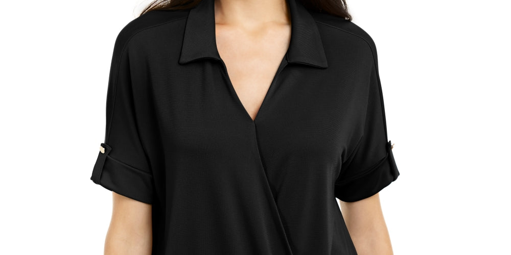Alfani Women's Petite Collared Knit Top Black Size PS