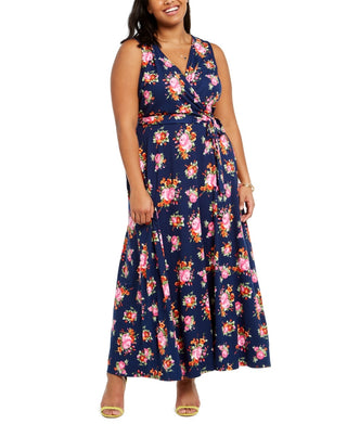 Love Squared Women's Trendy Plus Size Surplice Floral Print Maxi Dress Blue Size 2X