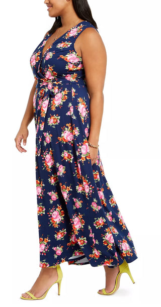 Love Squared Women's Trendy Plus Size Surplice Floral Print Maxi Dress Blue Size 2X