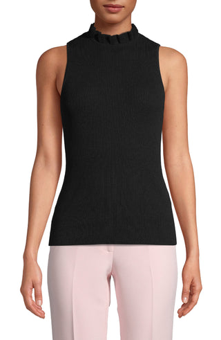 Anne Klein Women's Ribbed Ruffled Neck Top Black Size XS