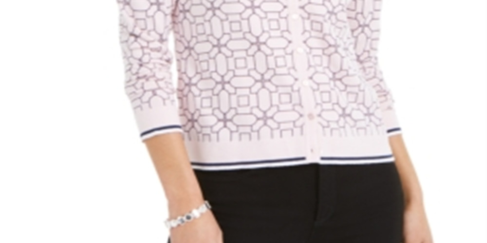 Charter Club Women's Tipped Geo Patterned Cardigan Sweater Pink Size 2XL