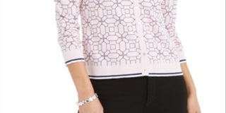 Charter Club Women's Tipped Geo Patterned Cardigan Sweater Pink Size 2XL