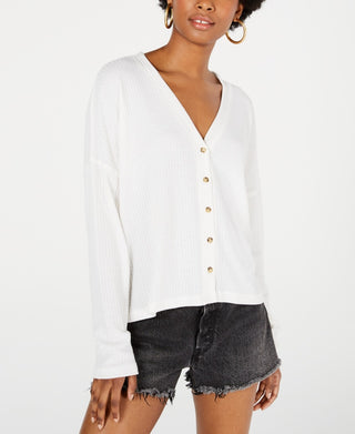 Hippie Rose Junior's Waffle Knit Button Front Cardigan White Size X-Small