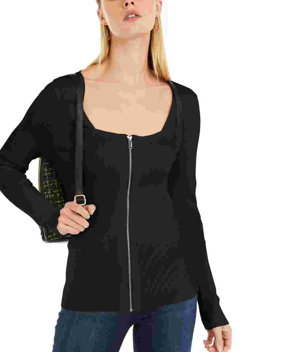 INC International Concepts Women's Square Neck Zip-Front Sweater Black Size X-Small