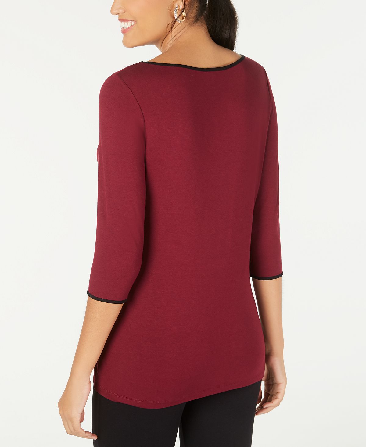 Alfani Piped 3/4-Sleeve T-Shirt Wine Size XS