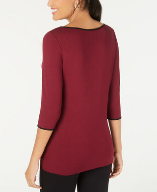Alfani Piped 3/4-Sleeve T-Shirt Wine Size XS